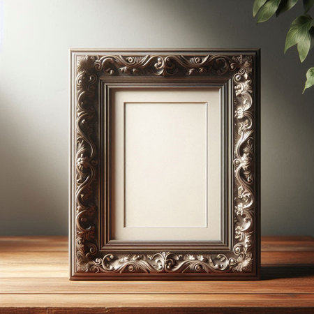 vintage picture frame on the wooden table. 3d render illustrationの写真素材