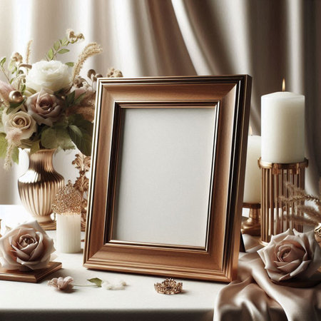 Blank photo frame mockup on table with flowers and candles. 3d rendering