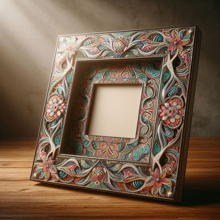 Vintage photo frame on wooden table with light coming through the window