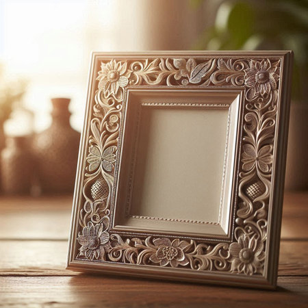 Vintage photo frame on the wooden table in the room. Vintage style.
