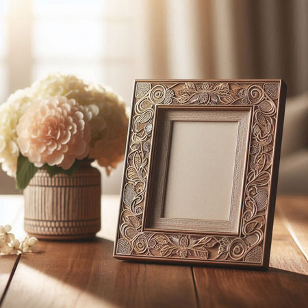 Vintage photo frame and flowers on wooden table. Mockup for design
