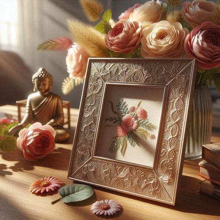 Wooden frame with flowers in vase and buddha image