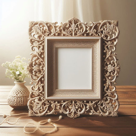 Vintage photo frame on the wooden table. Photo in old color image style.