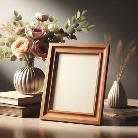 Blank photo frame on the table with vase of flowers.