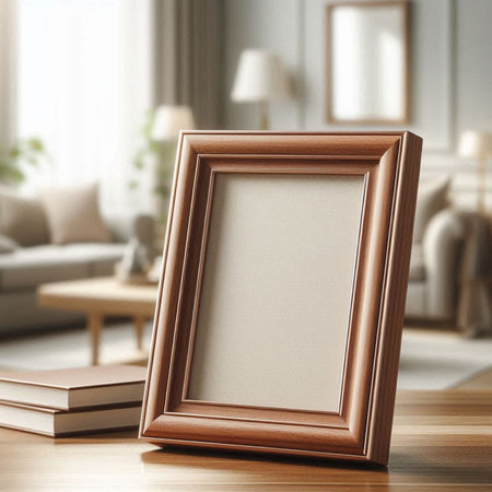 Wooden photo frame on table in living room. Mockup for design