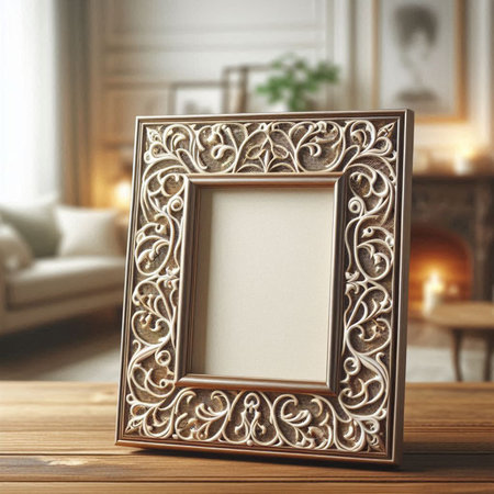 Vintage photo frame on wooden table in living room, 3d render