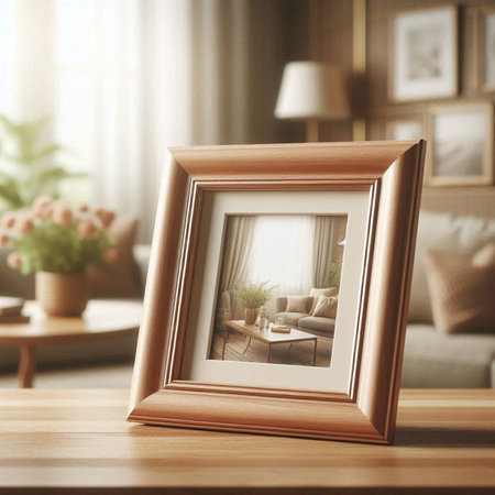 Wooden photo frame on table in modern living room. Mockupの写真素材