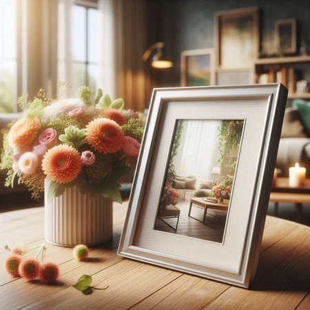 Modern interior with photo frame and flowers. Mock up, 3D Rendering