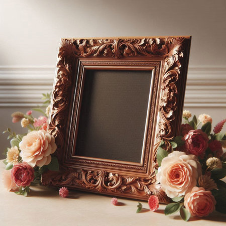 Vintage photo frame with roses and leaves on a beige background