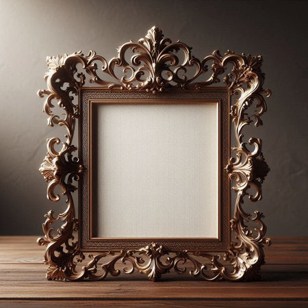 Vintage picture frame on wooden table and dark background. 3d rendering