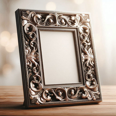 Vintage picture frame on wooden table, closeup. Retro style