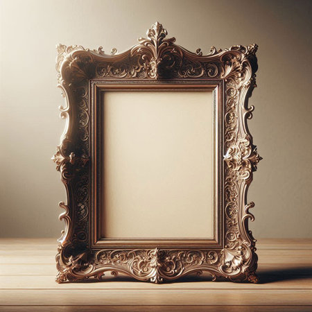 Vintage picture frame on wooden table. 3D Rendering.