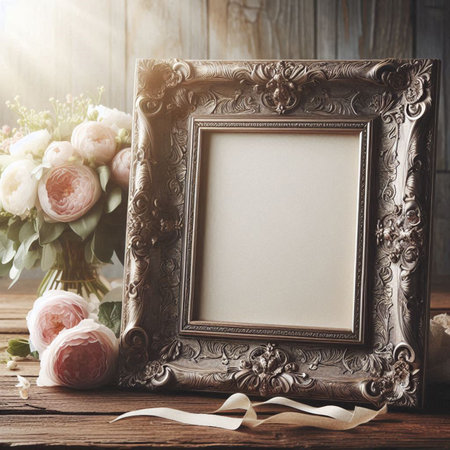 Vintage photo frame and bouquet of flowers on wooden background.