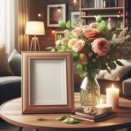 Bouquet of flowers and empty photo frame on table in living room