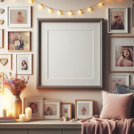 Mock up poster frame in bedroom interior background, 3d renderの写真素材