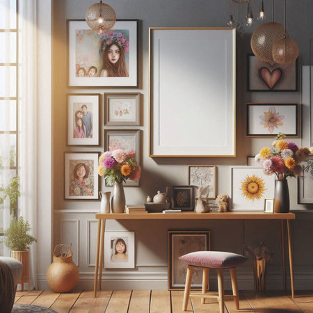 Vintage interior with frames, table, chair and flowers. 3d render
