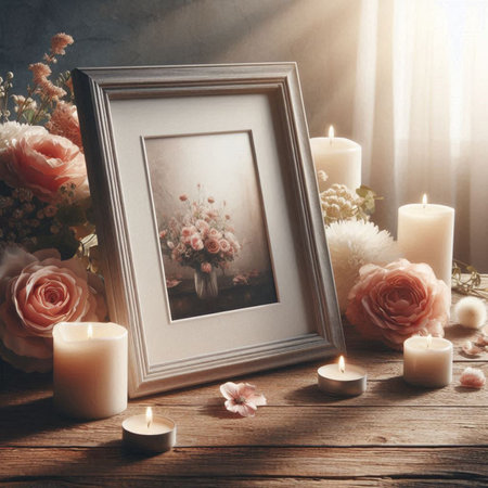 Vintage photo frame, burning candles and flowers on wooden table.