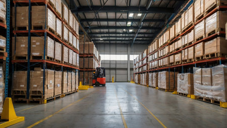 Forklift working in warehouse. Distribution warehouse. Warehouse interior.の写真素材