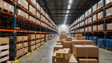 Interior of a warehouse with shelves full of boxes in a large warehouse