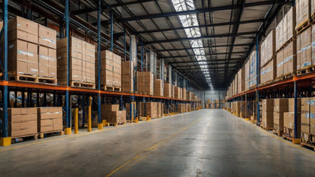 Warehouse interior with rows of shelves and boxes. Industrial background.の写真素材