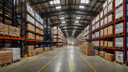 View of a warehouse with rows of shelves and boxes in a warehouseの写真素材
