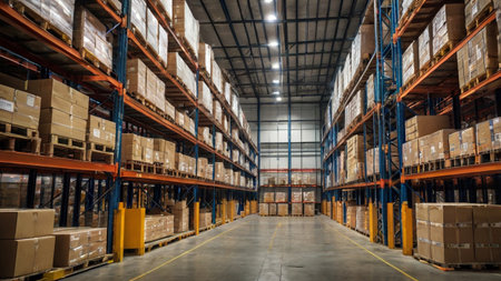 High angle view of warehouse interior with shelves and boxes. This is a freight transportation and distribution warehouse. Industrial and industrial backgroundの写真素材