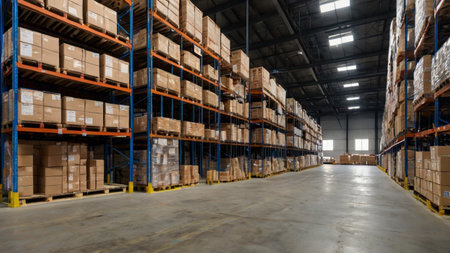 Warehouse interior with shelves and rows of boxes. Industrial background.の写真素材