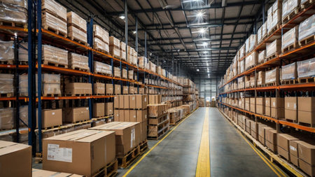 Warehouse interior with shelves and rows of boxes. Shallow depth of field