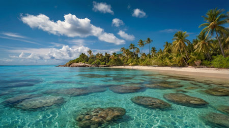 Panoramic view of beautiful tropical beach at Seychellesの写真素材