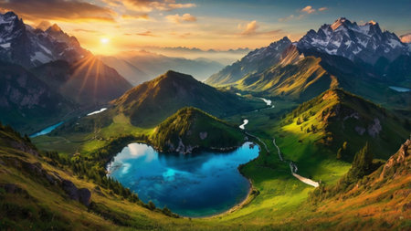 Panoramic view of beautiful alpine lake in the mountains at sunsetの写真素材