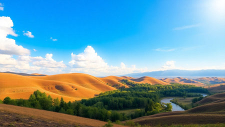 Mountain landscape with sand dunes and river in the morning.の写真素材