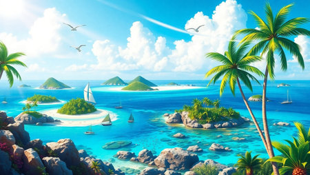 Tropical island with palm trees and sailing boats. 3d renderの写真素材