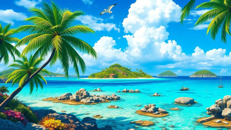 Tropical island with palm trees and blue sky. 3d render