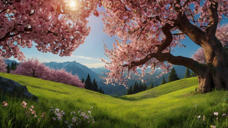 Cherry blossoms on meadow at sunrise, panoramic view