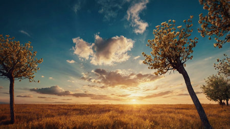 panoramic image of a beautiful sunset over a field with treesの写真素材
