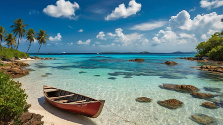 Panoramic view of a boat on a tropical beach, Seychellesの写真素材