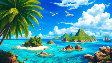 Tropical island with palm tree and seagulls.