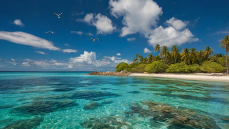Beautiful beach with palm trees at Seychelles, Maheの写真素材