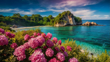 Panoramic view of the beach with azure water and pink flowers.の写真素材