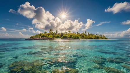 Panoramic view of tropical island with palm trees and turquoise water