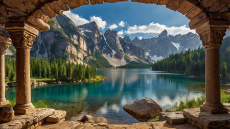 Panoramic view of beautiful lake, mountain rangeの写真素材