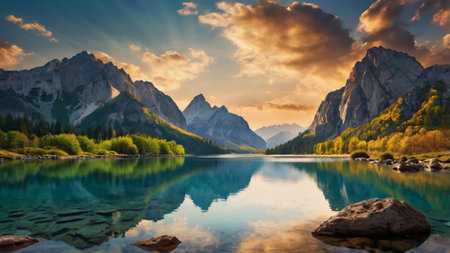 Sunset at the lake of Braies, Dolomites, Italy
