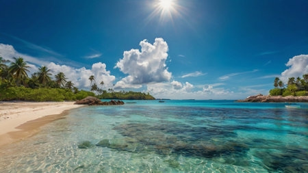 Panorama of beautiful beach Anse Lazio at Seychellesの写真素材