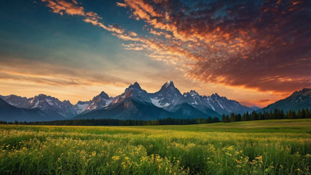 Sunset over a mountain landscape.の写真素材