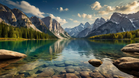 Beautiful lake in the mountains of the Canadian Rockies. The concept of active and photo tourism