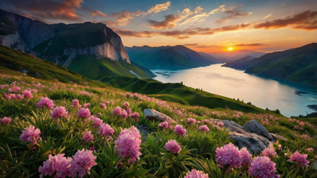 Mountain landscape with pink rhododendron flowers at sunsetの写真素材