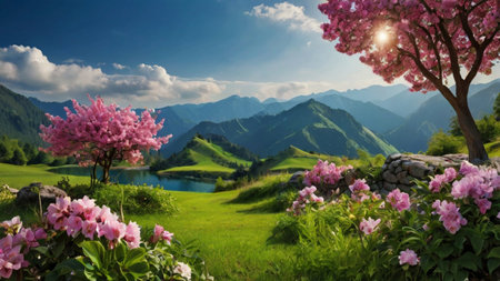 Beautiful spring landscape in the mountains. Pink flowers and green grassの写真素材