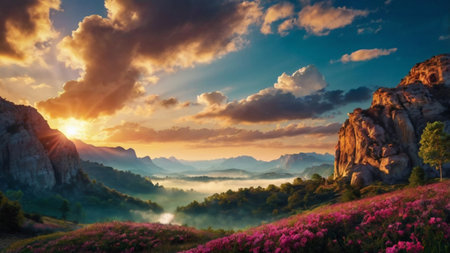 Majestic sunset in the mountains. Dramatic sky. Beauty world.の写真素材