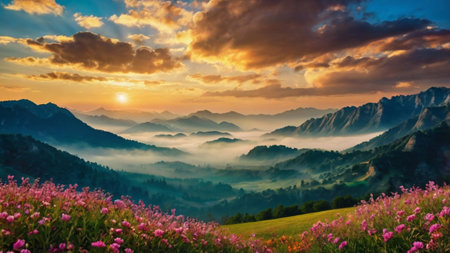 Colorful summer sunrise in the mountains. Landscape with flowers.の写真素材
