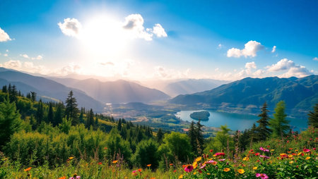 Beautiful summer landscape with lake and mountains in the background, Siberia, Russiaの写真素材